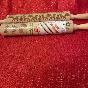 Lot Of 2 Wooden Embossing Rolling Pin Baking Decorating Christmas 1 New
